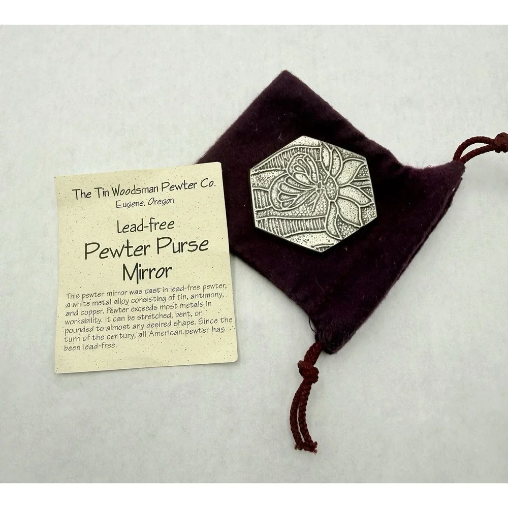 Tin Woodsman Studio Pewter Purse Mirror Hexagon Floral Compact Oregon